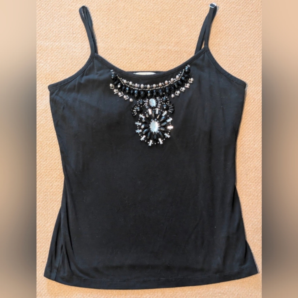 White House Black Market Embellished Beaded Black Camisole Tank Top